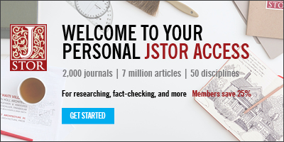 JSTOR banner reads "Welcome to your personal JSTOR access. 2,000 journals | 7 million articles | 50 disciplines. Members save 25%."