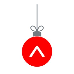 A red bauble ornament is suspended from a grey ribbon and is decorated with the white caret from the Editors Canada logo