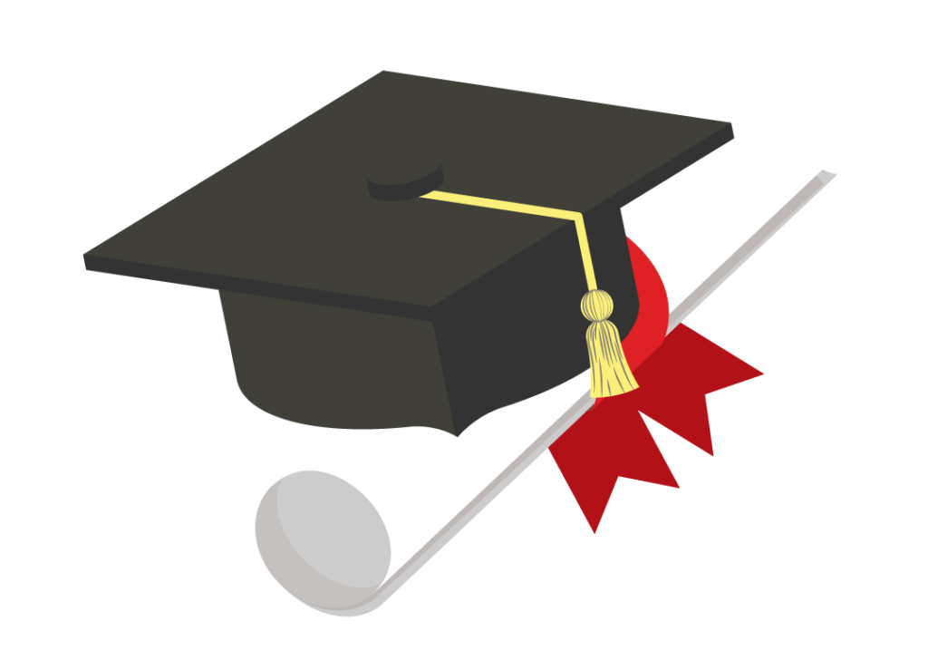 A graduation cap and rolled diploma