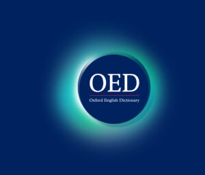 OED (Oxford English Dictionary) wordmark appears on a blue circle that is layered on top of larger blue and white circles of varying opacity