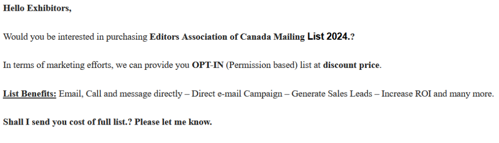 A screenshot of an email list scam offer. The sender claims to have a 2024 Editors Canada mailing list available for sale at a discount price