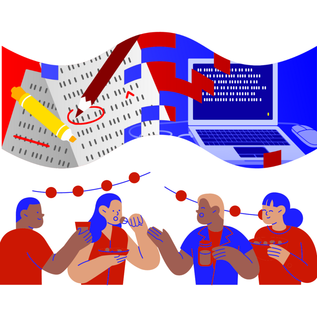 The Editors Canada 2024 conference logo: a wave strip with a written document on one end, transforming through pixels into a computer on the opposite end. Below the logo, there is a graphic of four colleagues eating together.