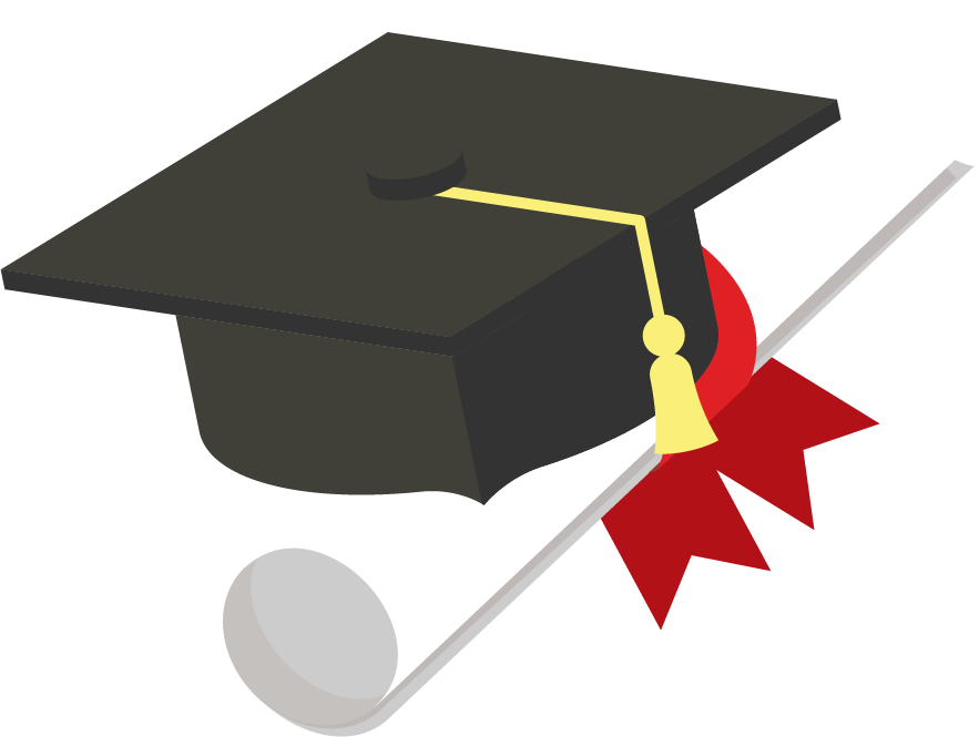 Graduation cap with yellow tassle overtop of a white scroll with a red ribbon. 