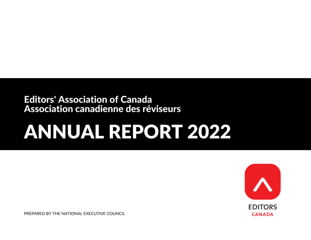 Cover page for Editors Canada's 2022 Annual Report, prepared by the national executive council