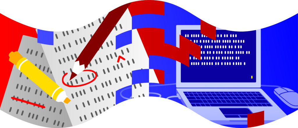 The Editors Canada 2024 conference logo: a wave strip with a written document on one end, transforming through pixels into a computer on the opposite end. 