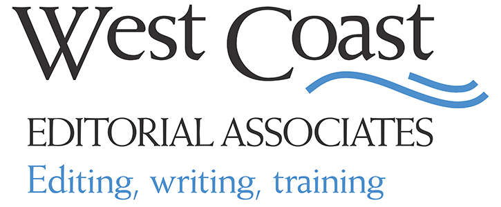 Logo that reads "west coast editorial associates: editing, writing, training" with two blue squiggles.
