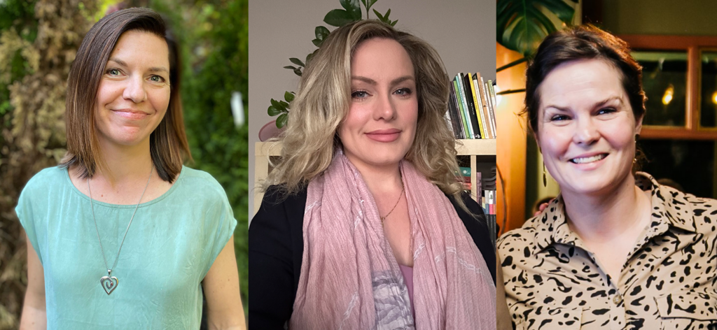 Headshots of Paula Ayer, Margo LaPierre (a white woman in her 30s with long wavy blonde hair, wearing a pink scarf, pink lipstick, and a navy blazer smiling at the camera. Behind her is a shelf of poetry books and a ZZ plant), and Claire Lubell