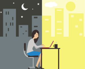A woman sits at a desk, typing on a laptop. Image outside the window shows a city skyline at night and during the day.