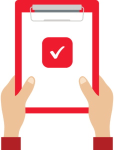 A set of hands holding a red clipboard with a checkmark