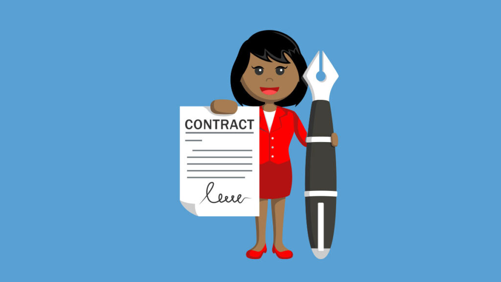 A woman in a red business suit holding a contract and an oversized pen