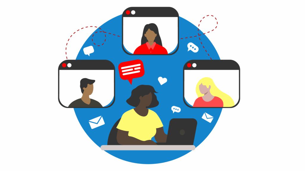 A person sits at a laptop video conferencing with three other people. There is a large blue circle in the background as well as dialogue bubbles and envelopes indicating a global communication concept.