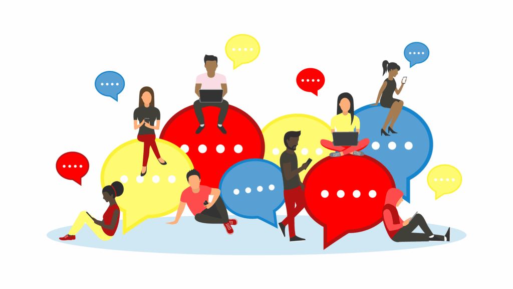 Eight people sit or lean on oversized speech bubbles while reading their own laptops and mobile devices.