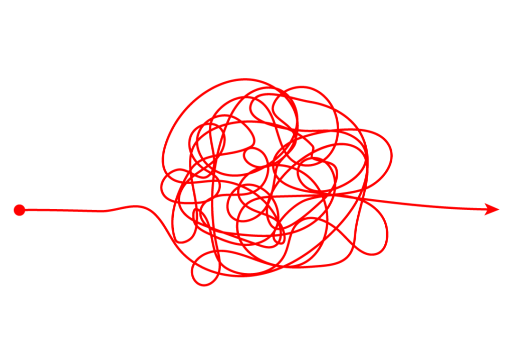 A red string looped over itself repeatedly resulting in an unruly tangle