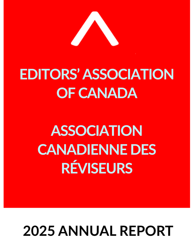 White caret symbol on a red background. Text in grey reads "2026 Editors' Association of Canada Association canadienne des réviseurs." Text in black reads "2025 Annual Report"