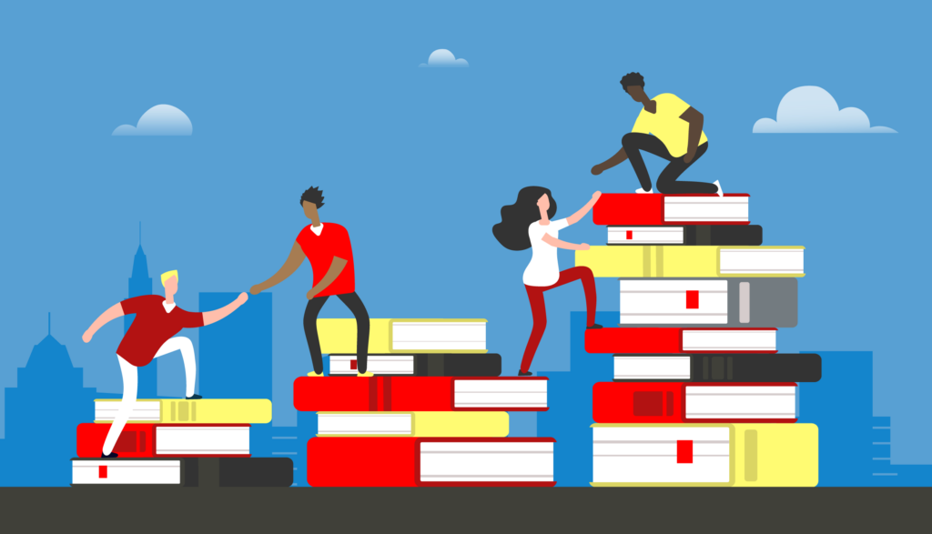 Miniature people help each other to climb up on stacks of books
